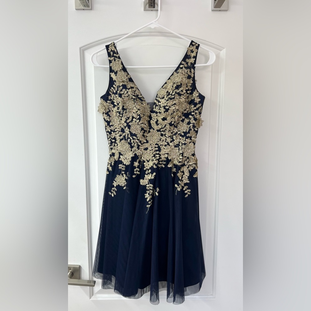 Very G Navy Blue and Gold Floral Lace Prom Dress